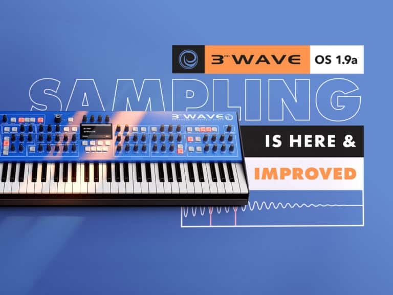 Graphics of the 3rd Wave 24K keyboard synth with the text "sampling is here and improved"