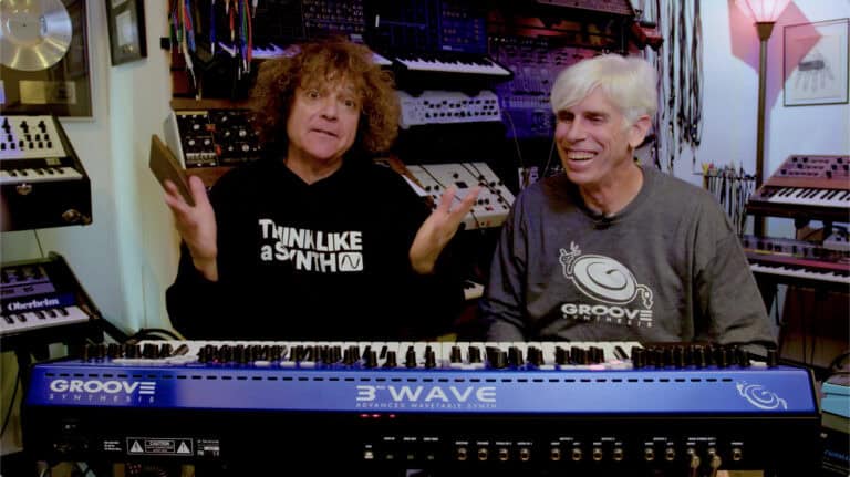 Synth legend Anthony Marinelli and Groove Synthesis co-founder Bob Coover behind the 3rd Wave 24K keyboard.