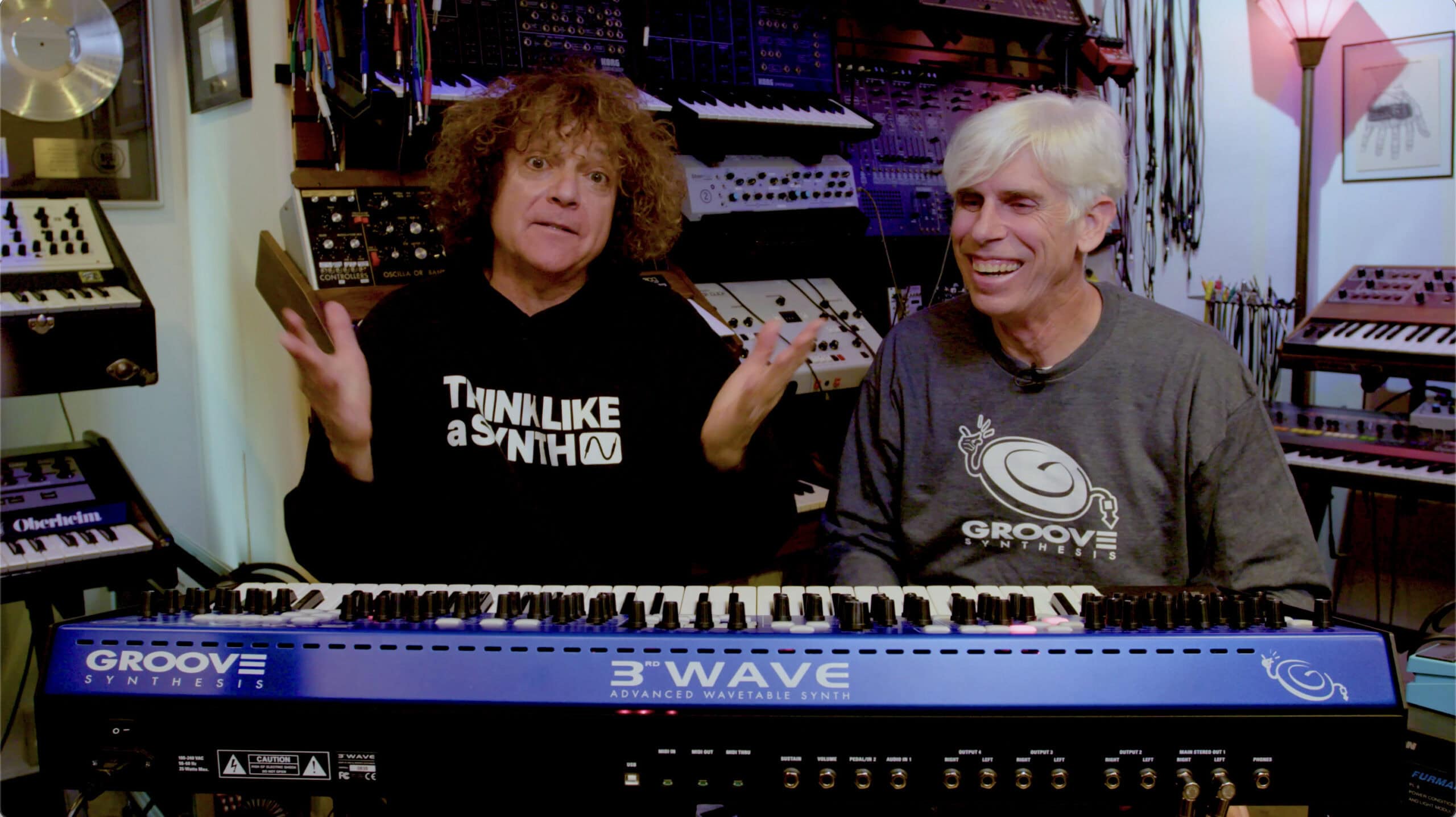 Synth legend Anthony Marinelli and Groove Synthesis co-founder Bob Coover behind the 3rd Wave 24K keyboard.