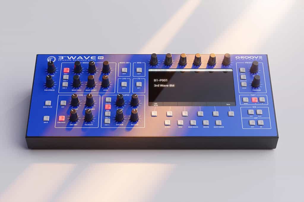 Top shot of the 3rd Wave 8M desktop synth with sunrays.