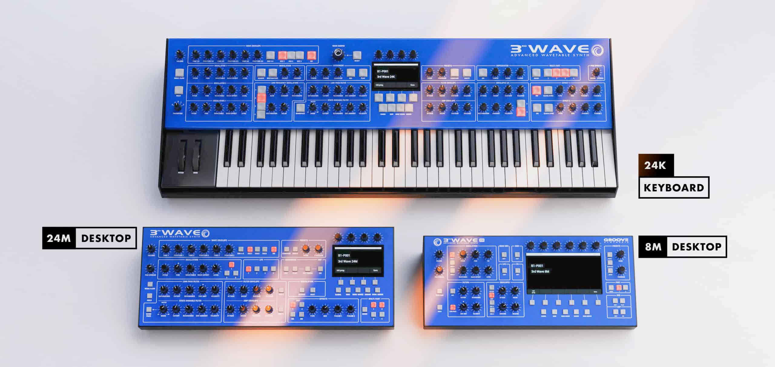 Groove Synthesis 3rd Wave Products - 24K Keyboard, 24M Desktop and 8M Desktop Synthesizers. 