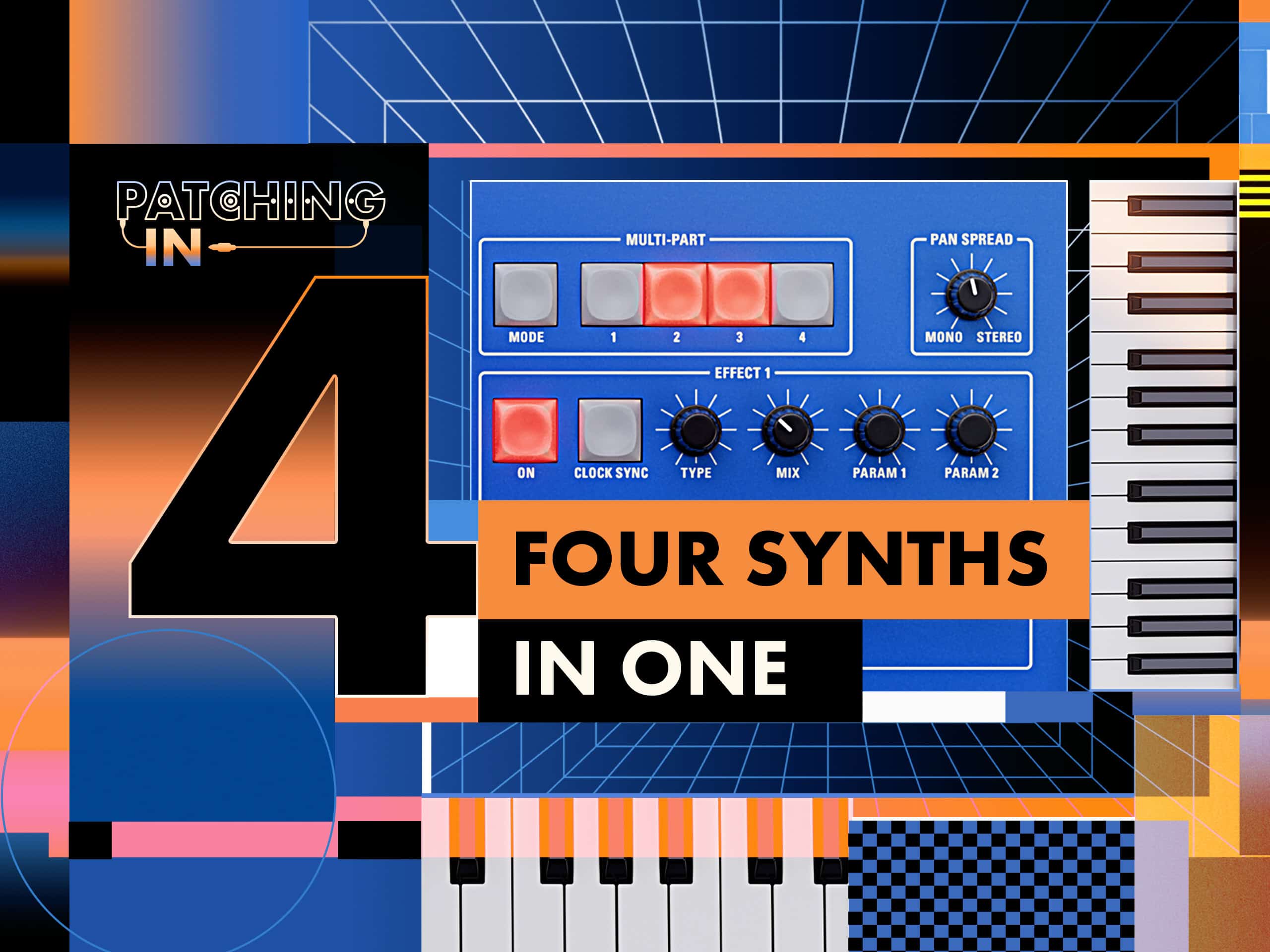 Collage of the text "4 synths in one" and elements of the 3rd Wave 24K synths with buttons and knobs