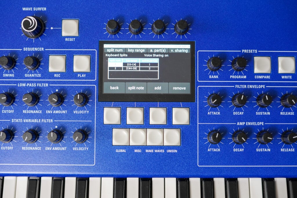 Close-up of the split menu screen on the 3rd Wave 24K synth.