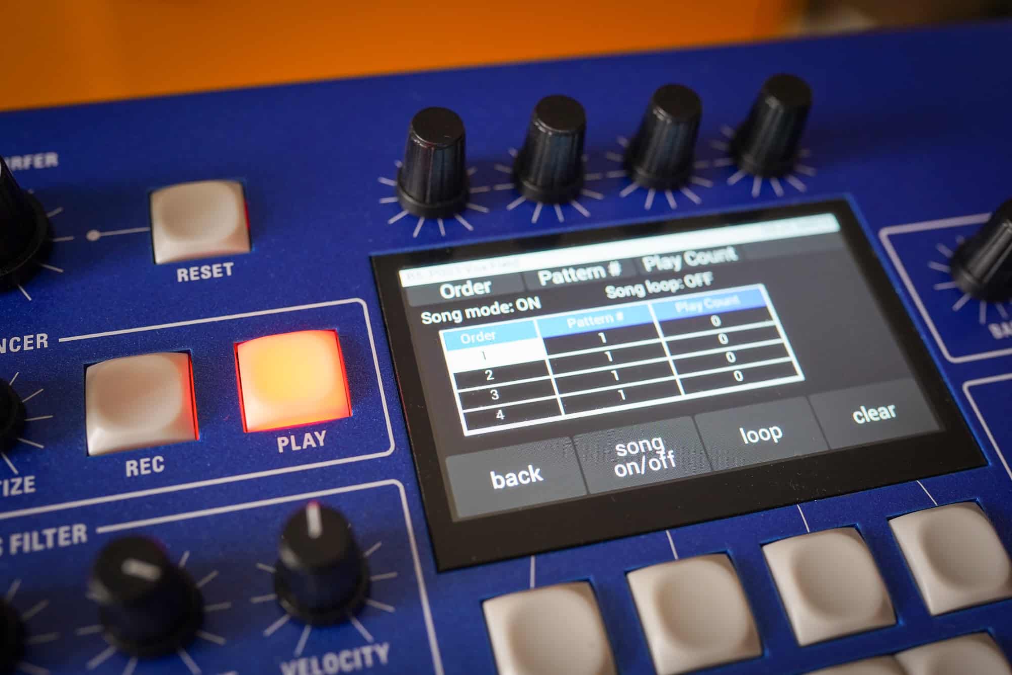 The Song Mode settings on the screen of a 3rd Wave 24K keyboard synth by Groove Synthesis
